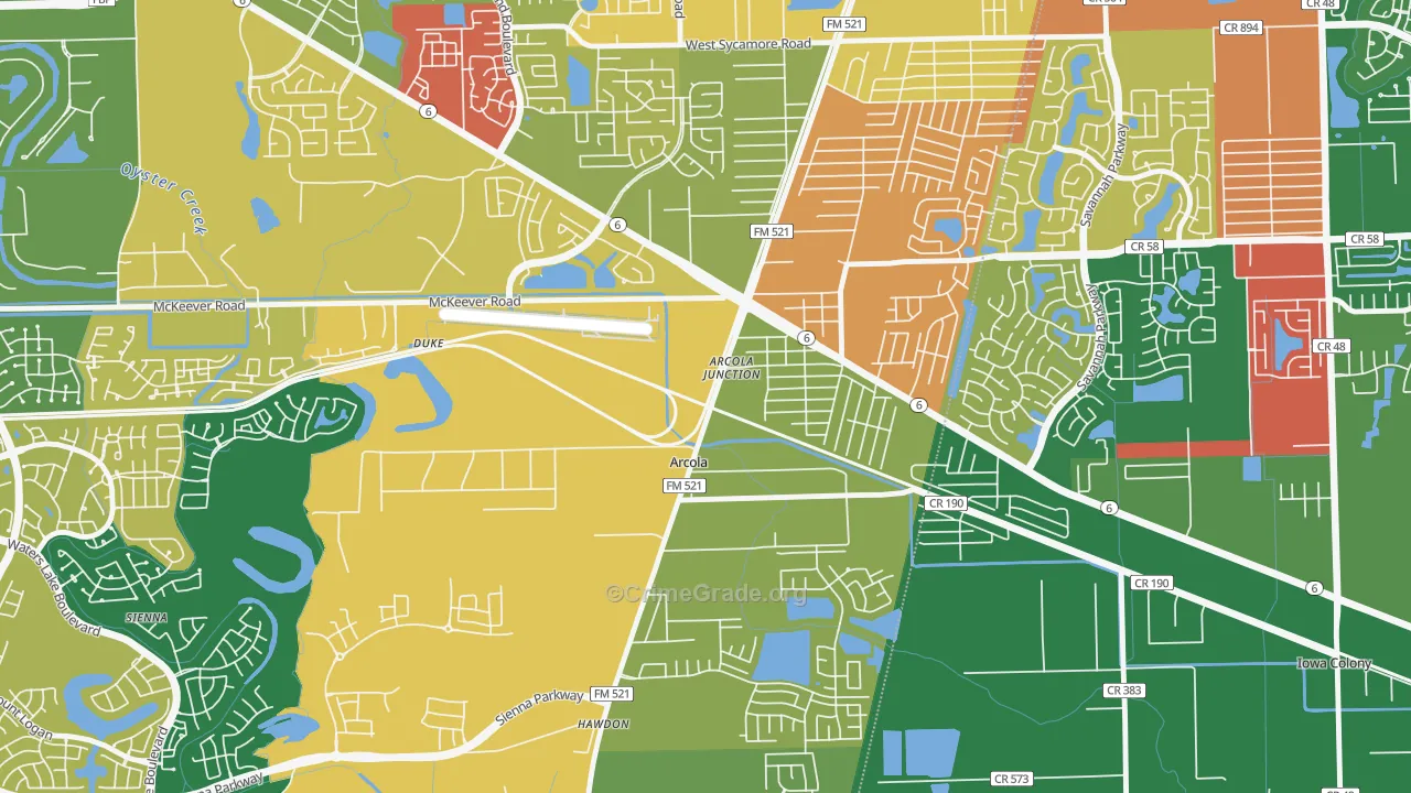 Arcola, TX Map of Robbery Rates