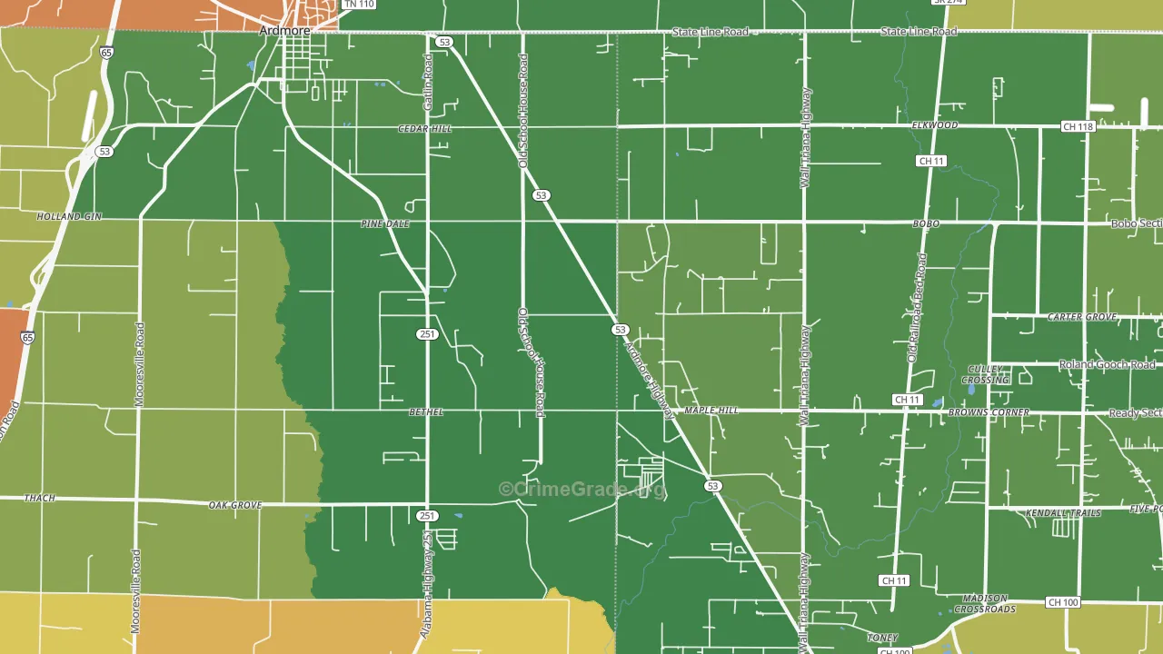 Ardmore, AL Map of Robbery Rates