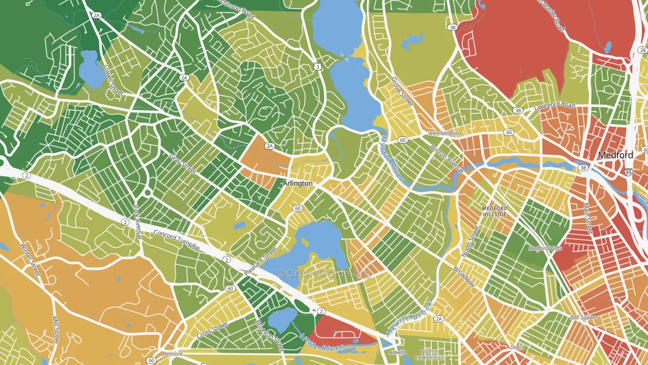 Arlington Center, Arlington, MA Map of Robbery Rates
