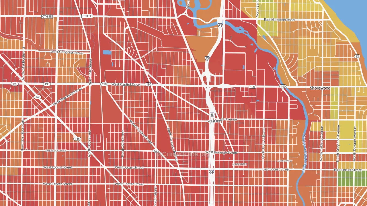 Arlington Heights, Milwaukee, WI Map of Robbery Rates