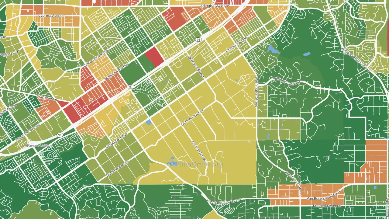 Arlington Heights, Riverside, CA Map of Robbery Rates