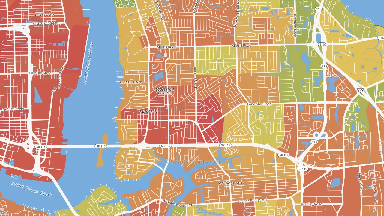 Arlington, Jacksonville, FL Map of Robbery Rates