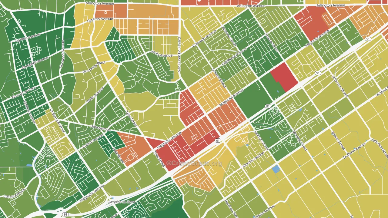 Arlington, Riverside, CA Map of Robbery Rates