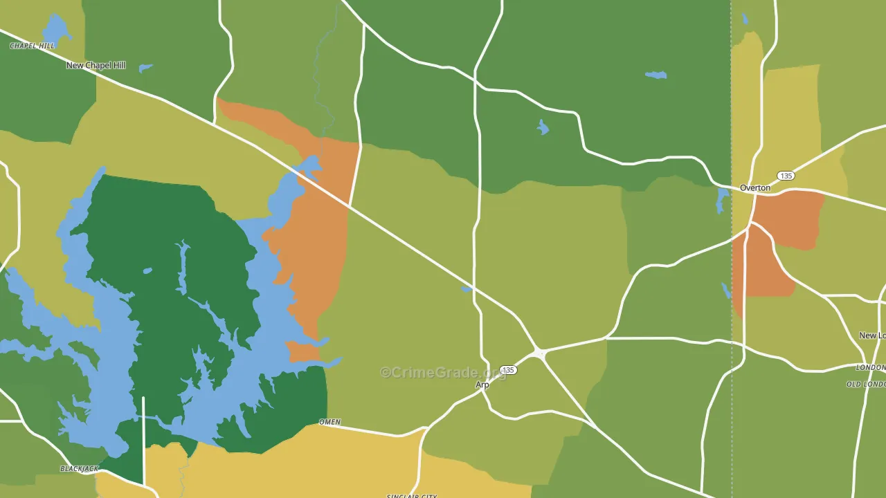 Arp, TX Map of Robbery Rates