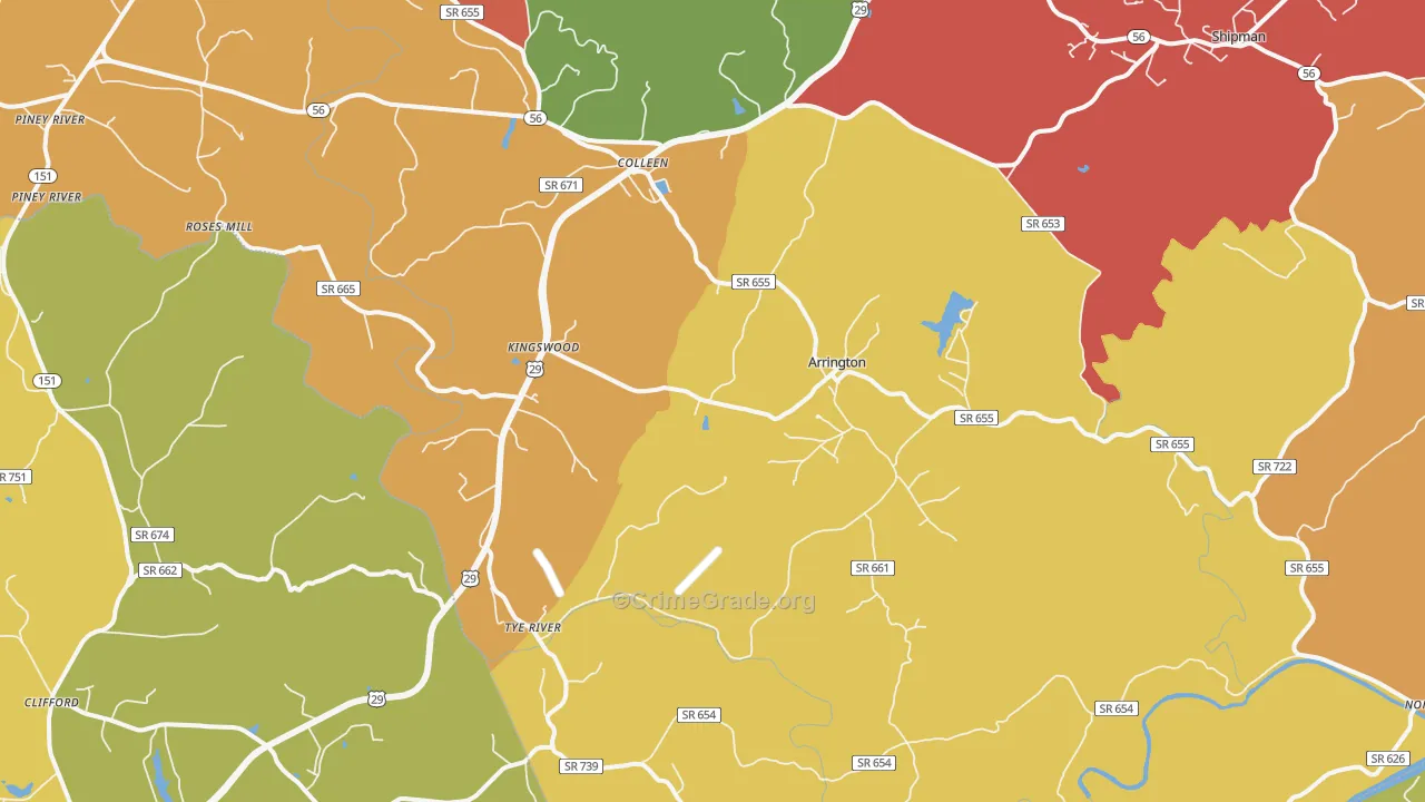 Arrington, VA Map of Robbery Rates
