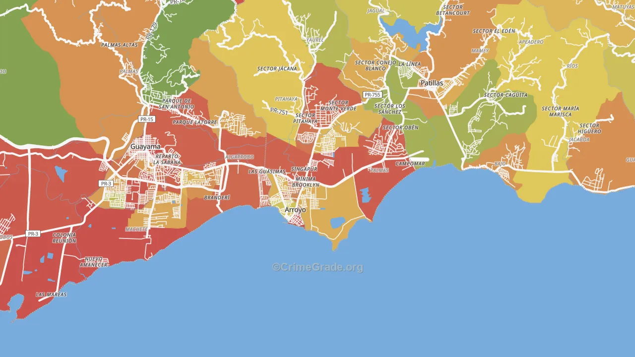 Arroyo, PR Map of Robbery Rates