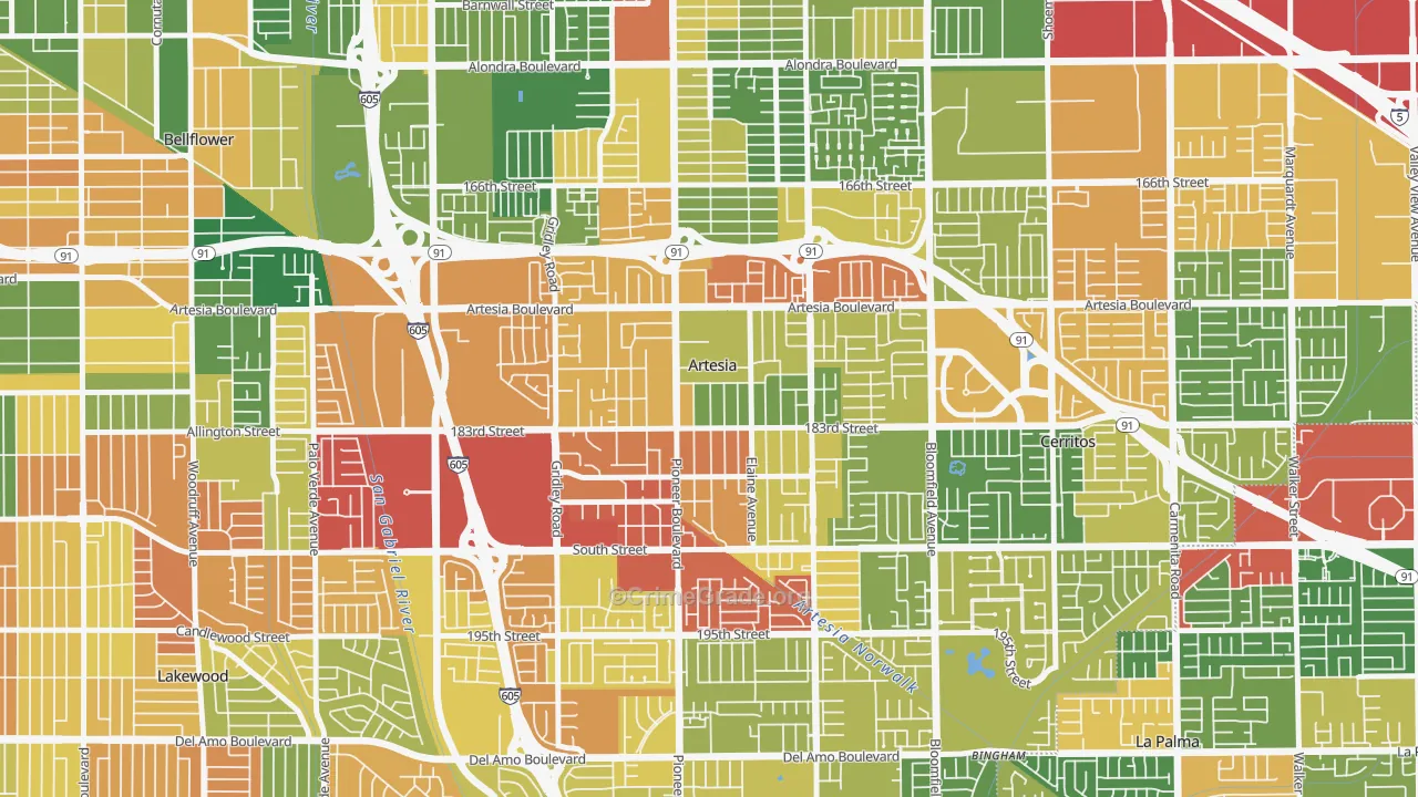 Artesia, CA Map of Robbery Rates
