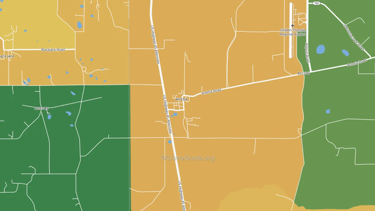 Artesia, MS Map of Robbery Rates