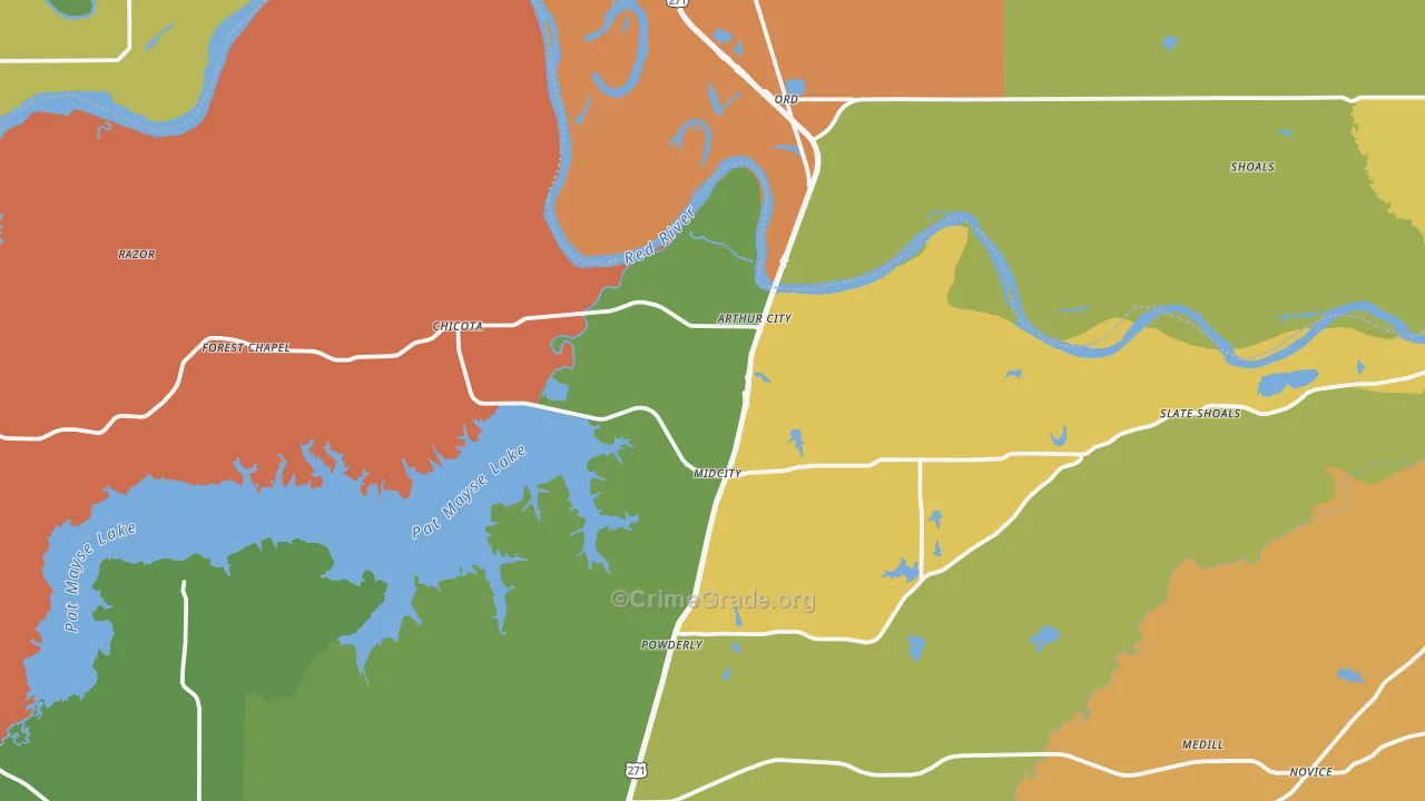 Arthur City, TX Map of Robbery Rates