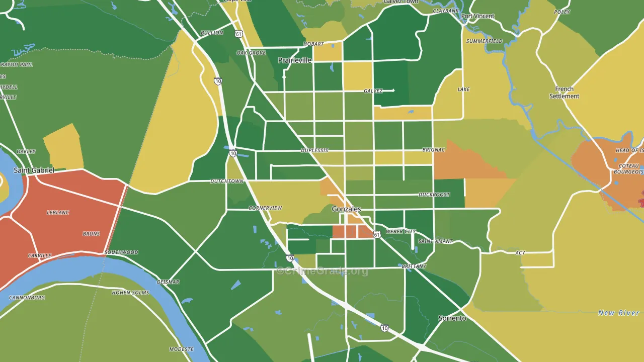 Ascension Parish, LA Map of Robbery Rates