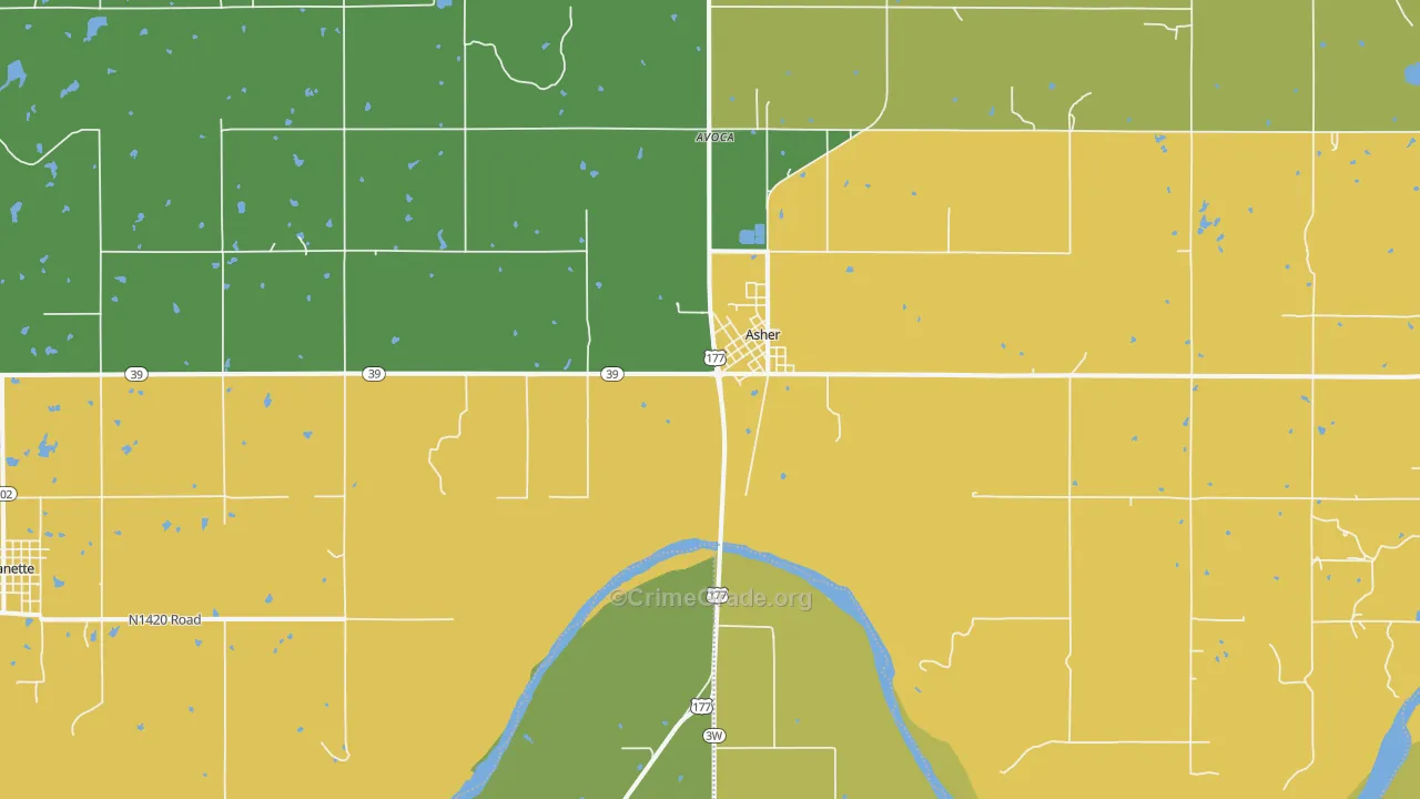 Asher, OK Map of Robbery Rates
