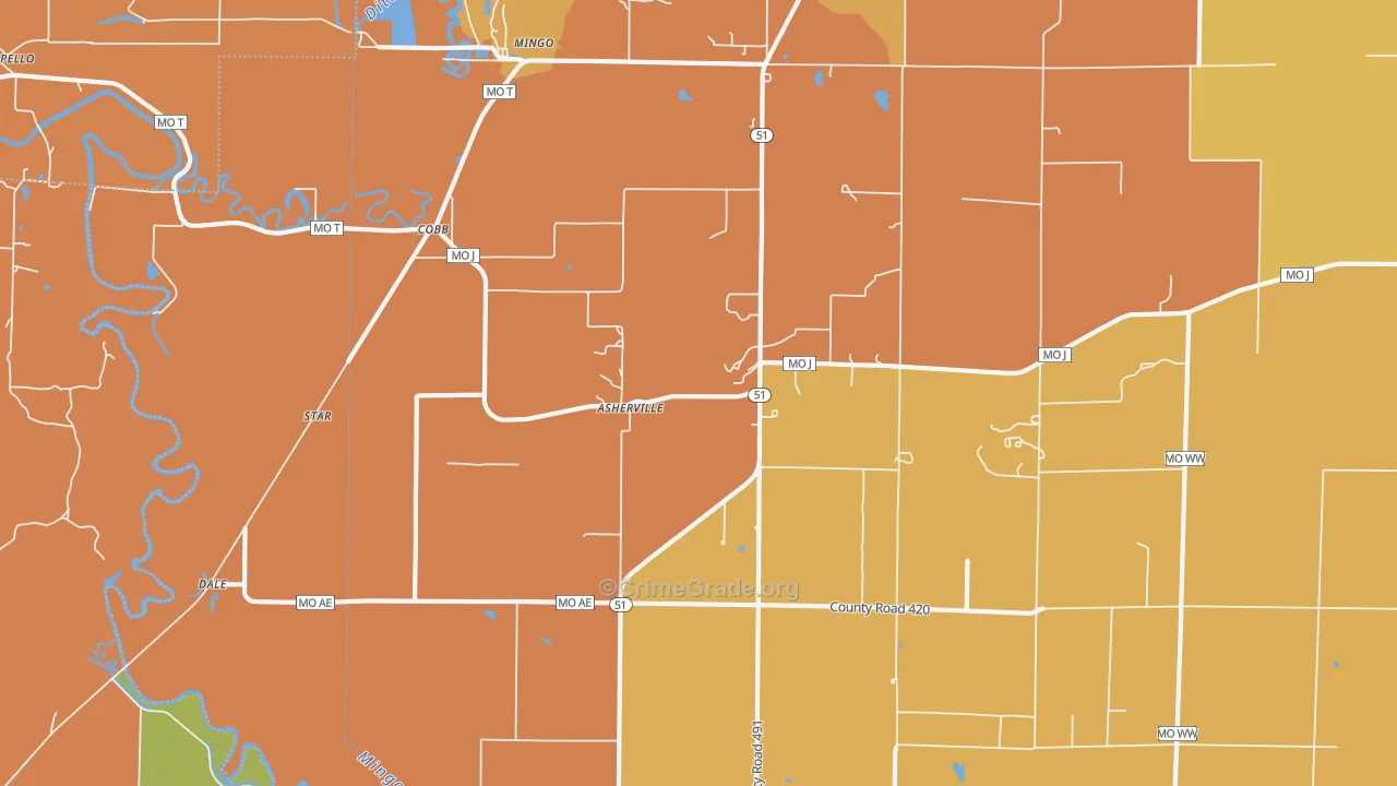 Asherville, MO Map of Robbery Rates