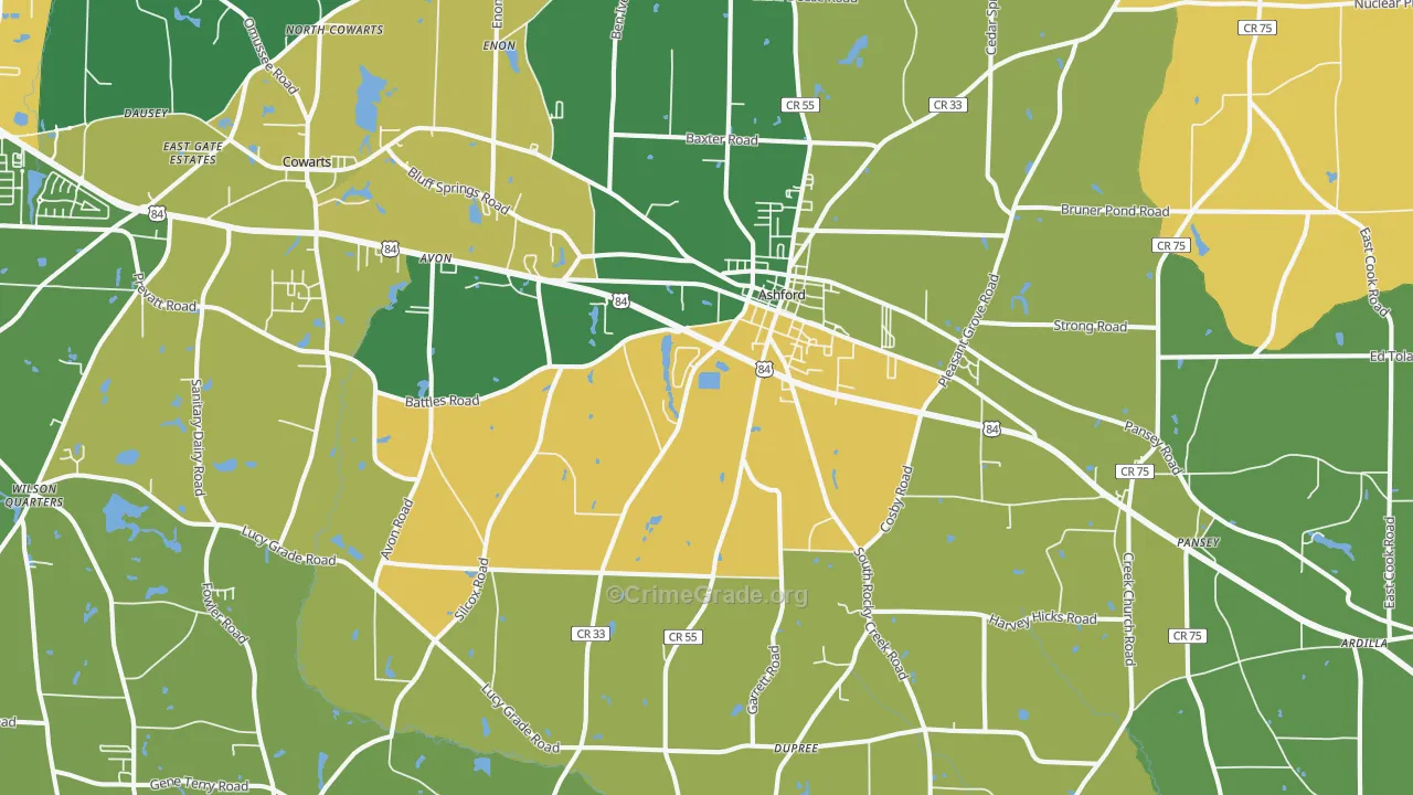 Ashford, AL Map of Robbery Rates