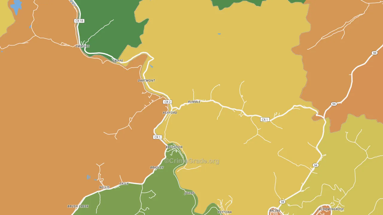 Ashford, WV Map of Robbery Rates