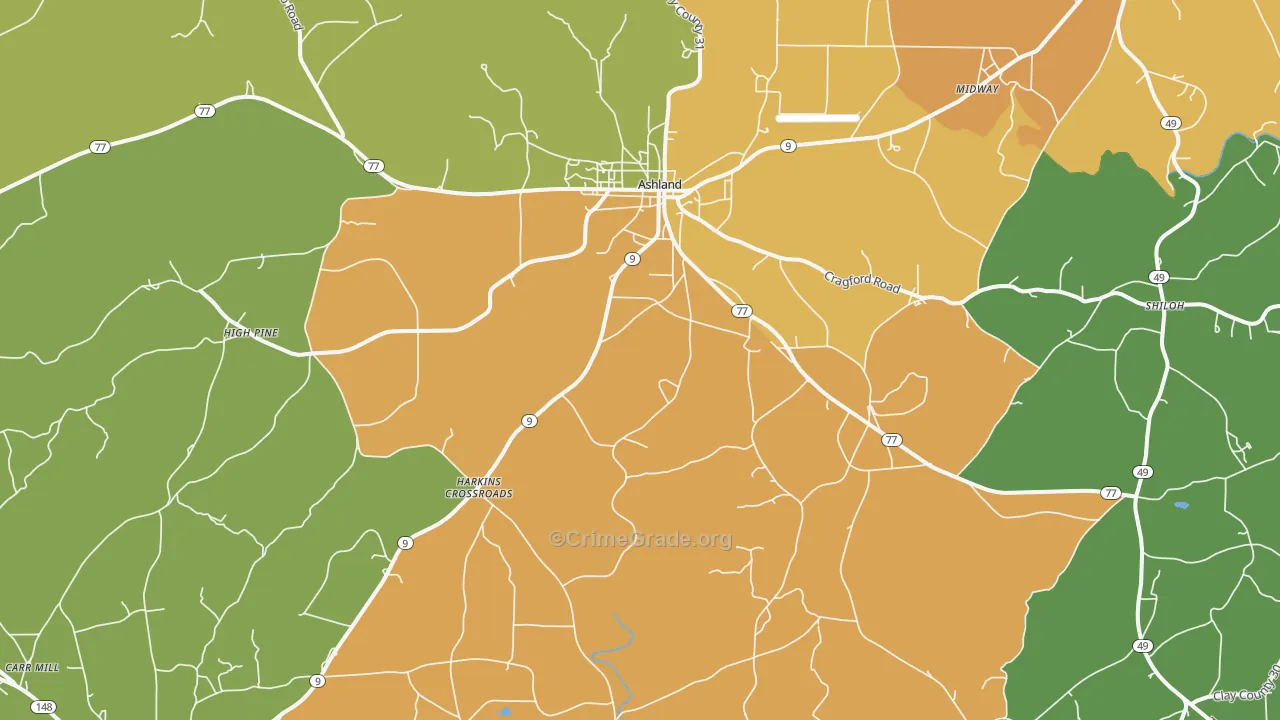 Ashland, AL Map of Robbery Rates