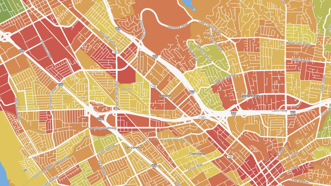 Ashland, CA Map of Robbery Rates