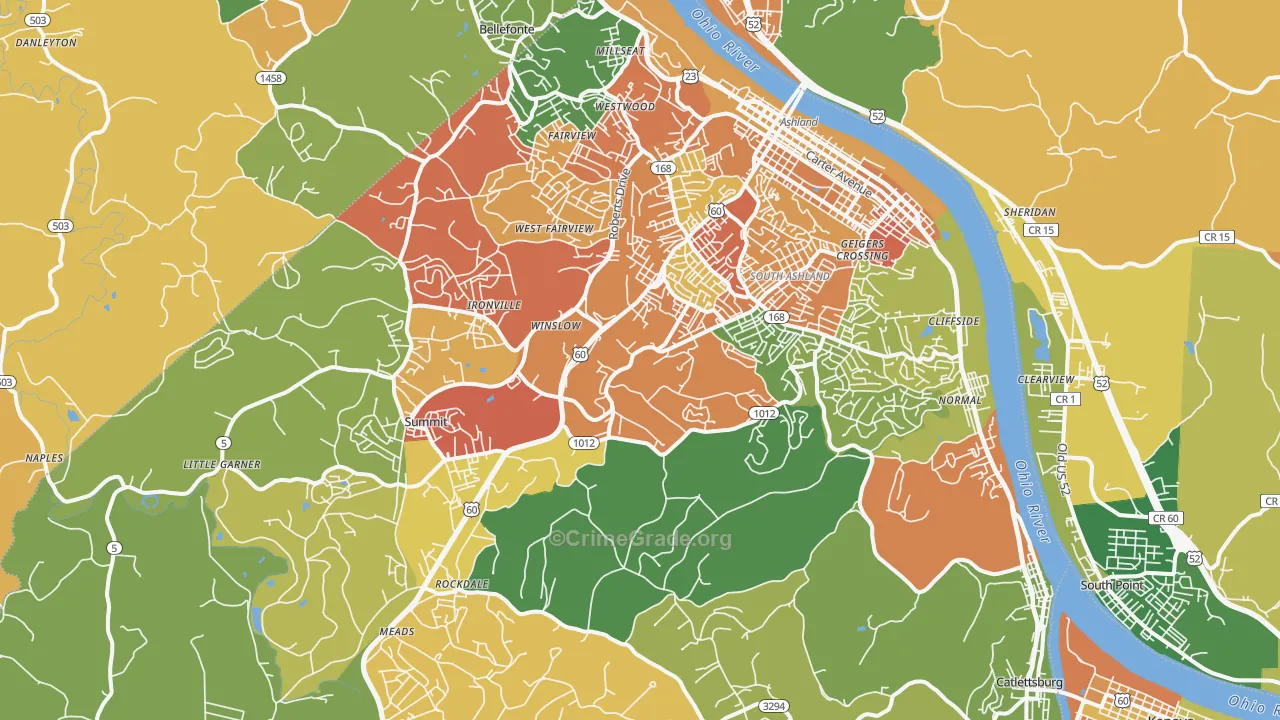 Ashland, KY Map of Robbery Rates