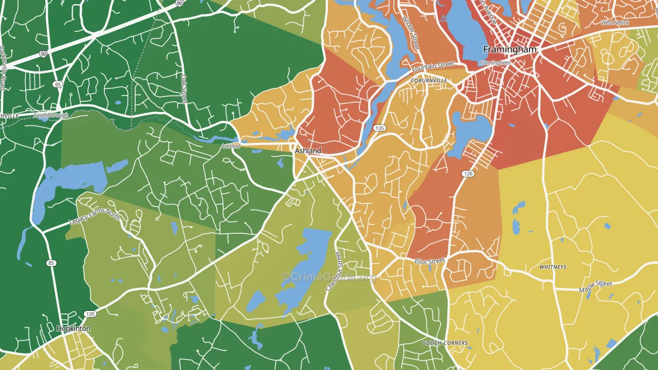 Ashland, MA Map of Robbery Rates