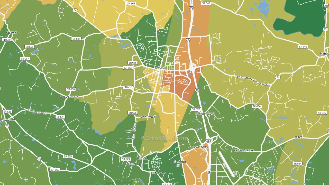 Ashland, VA Map of Robbery Rates