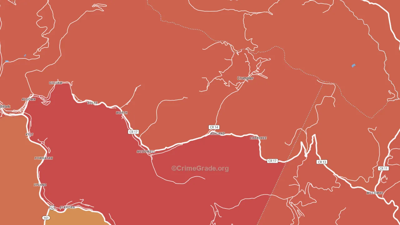 Ashland, WV Map of Robbery Rates