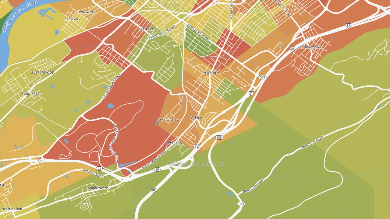 Ashley, PA Map of Robbery Rates