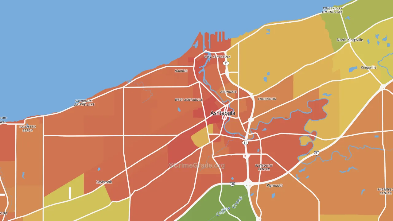 Ashtabula, OH Map of Robbery Rates