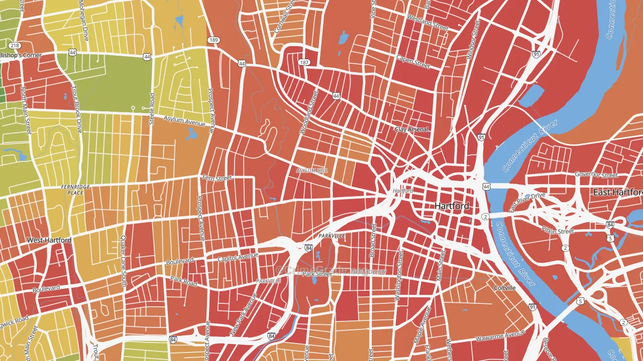 Asylum Hill, Hartford, CT Map of Robbery Rates
