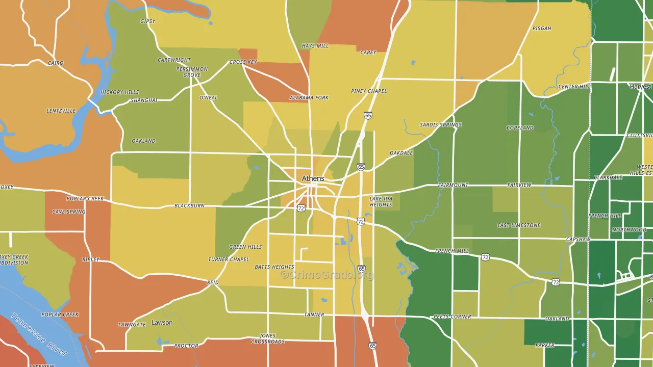 Athens, AL Map of Robbery Rates