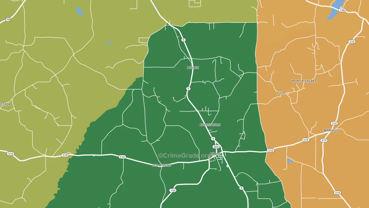 Athens, LA Map of Robbery Rates
