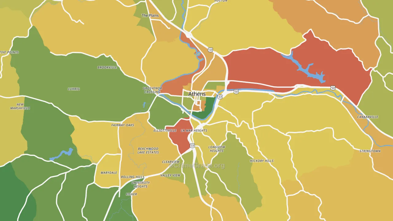 Athens, OH Map of Robbery Rates