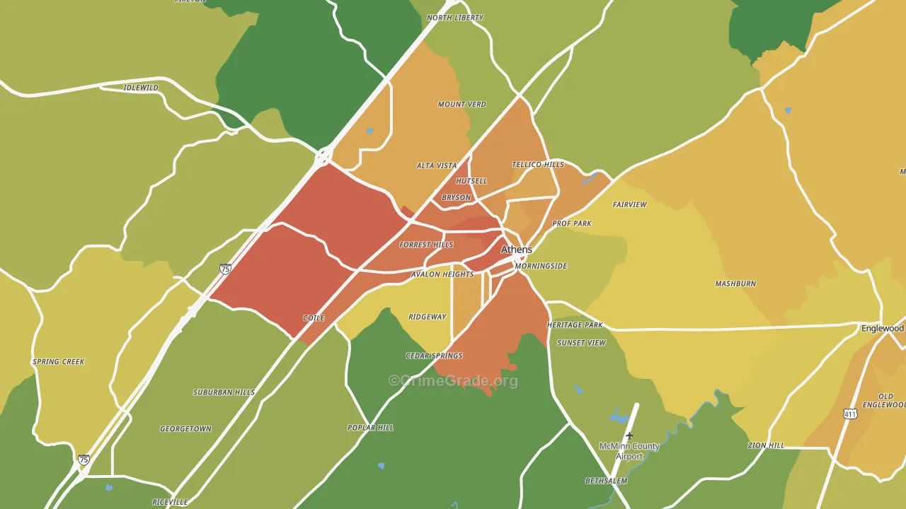 Athens, TN Map of Robbery Rates