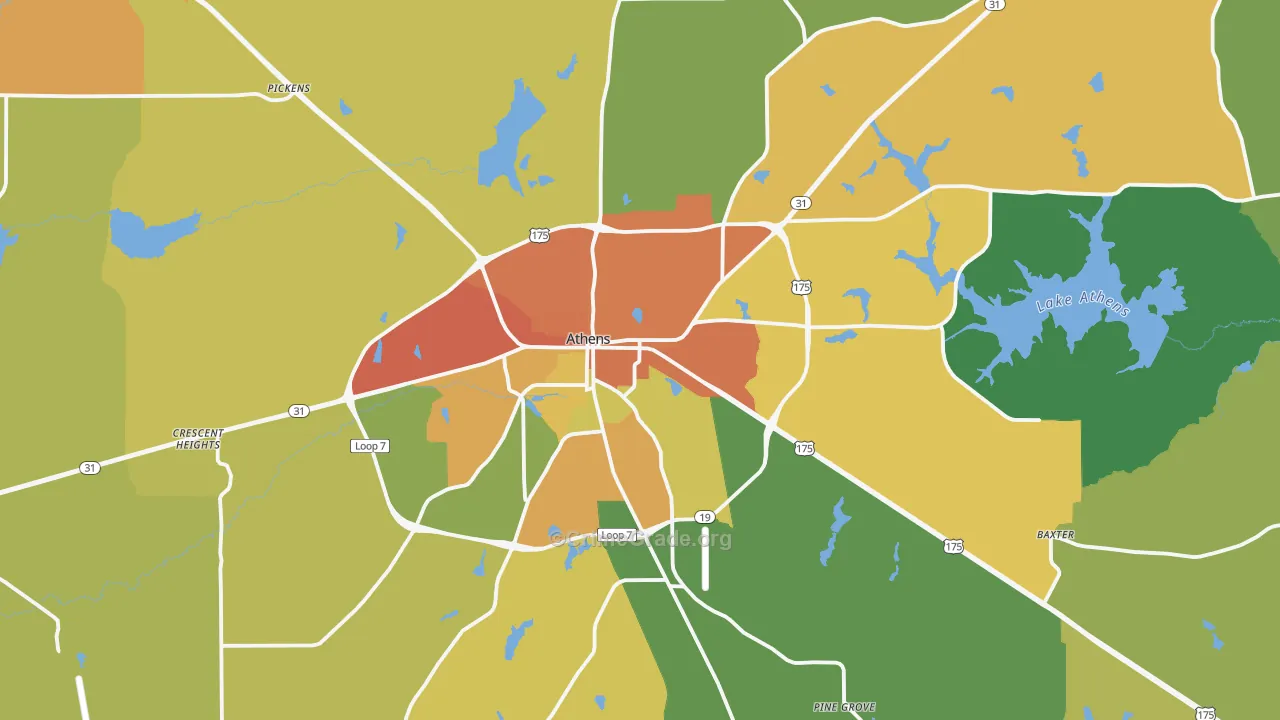Athens, TX Map of Robbery Rates
