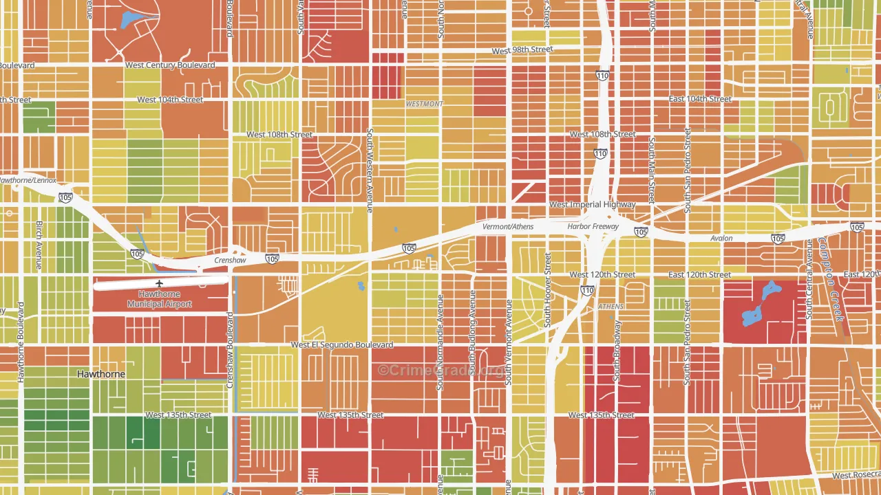 Athens, West Athens, CA Map of Robbery Rates
