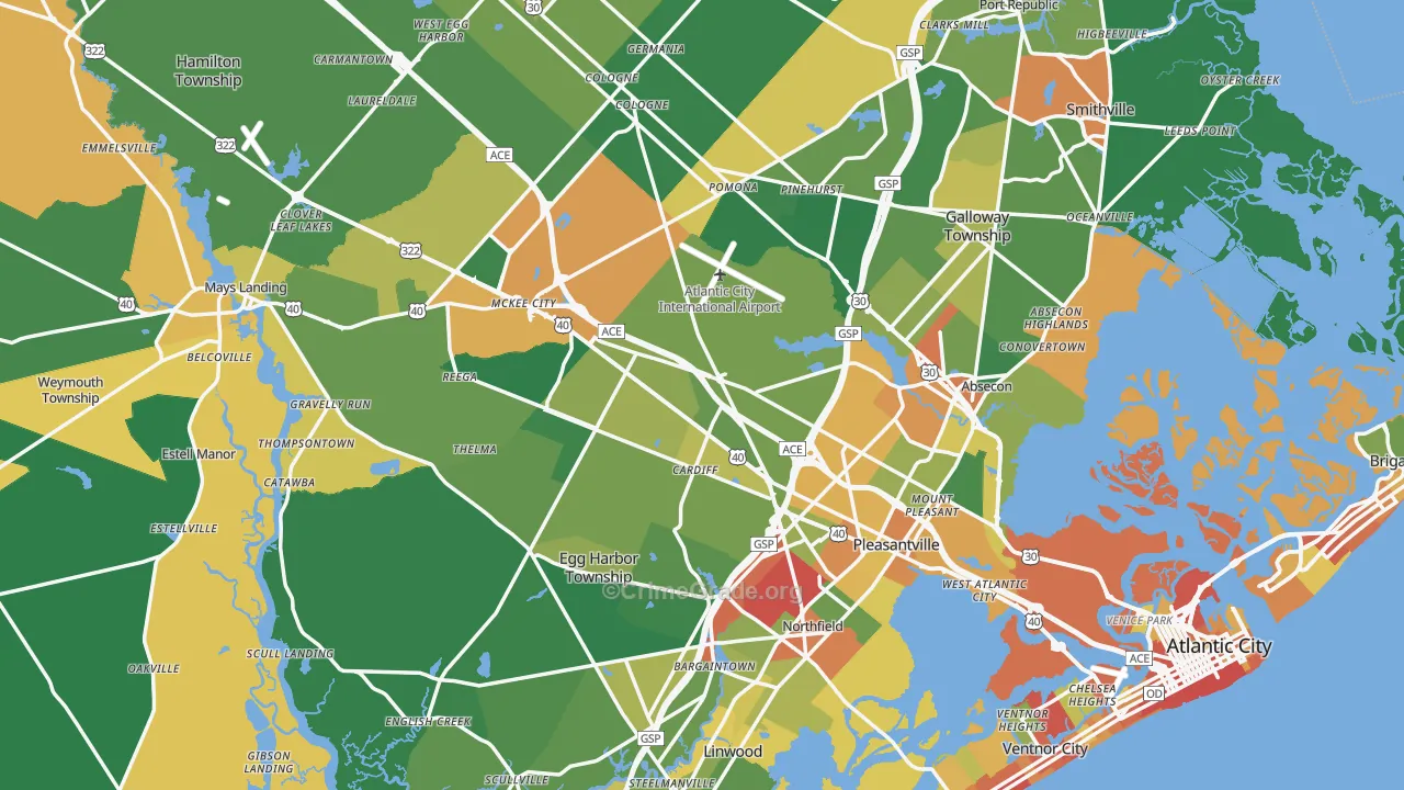 Atlantic County, NJ Map of Robbery Rates