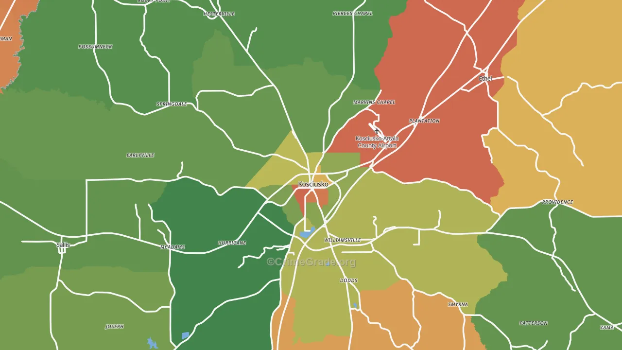 Attala County, MS Map of Robbery Rates
