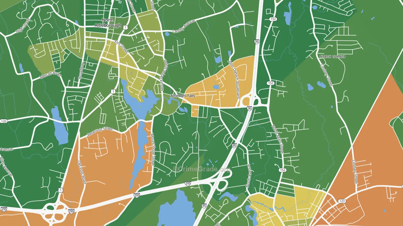 Attleboro Falls, MA Map of Robbery Rates