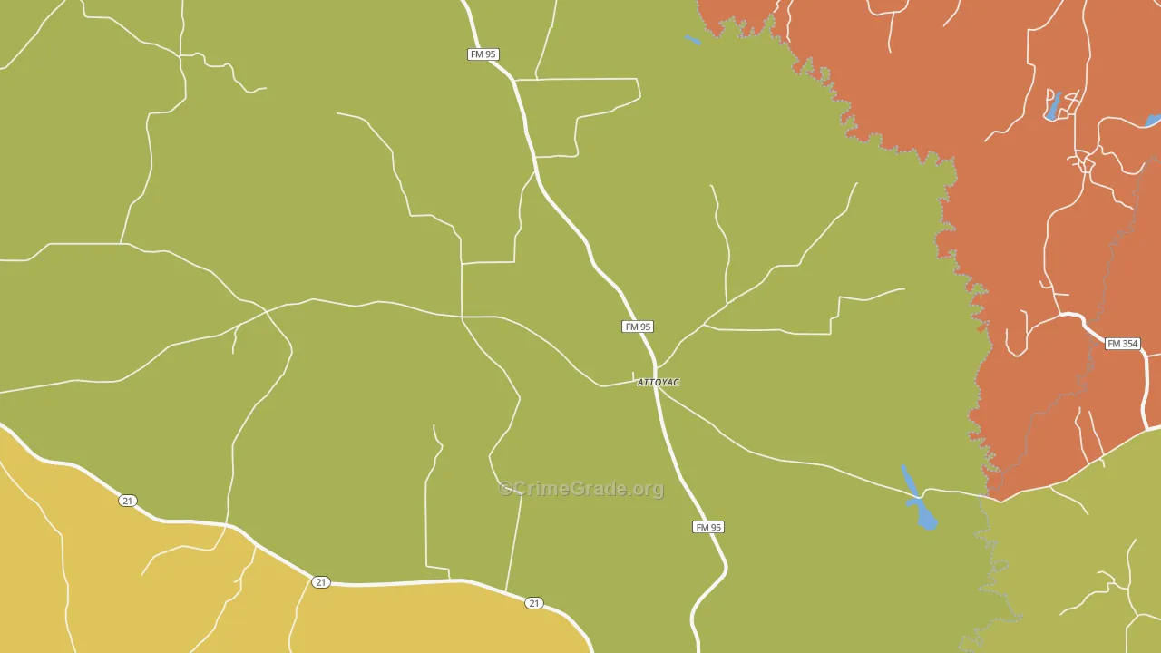 Attoyac, TX Map of Robbery Rates
