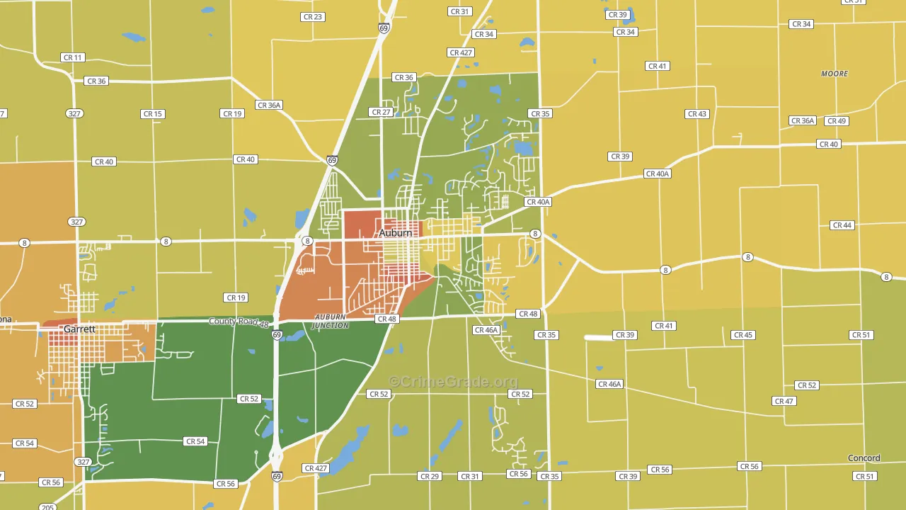 Auburn, IN Map of Robbery Rates