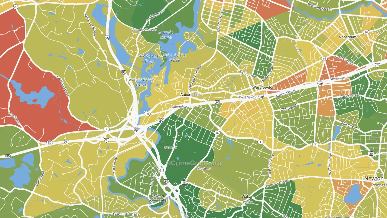 Auburndale, MA Map of Robbery Rates
