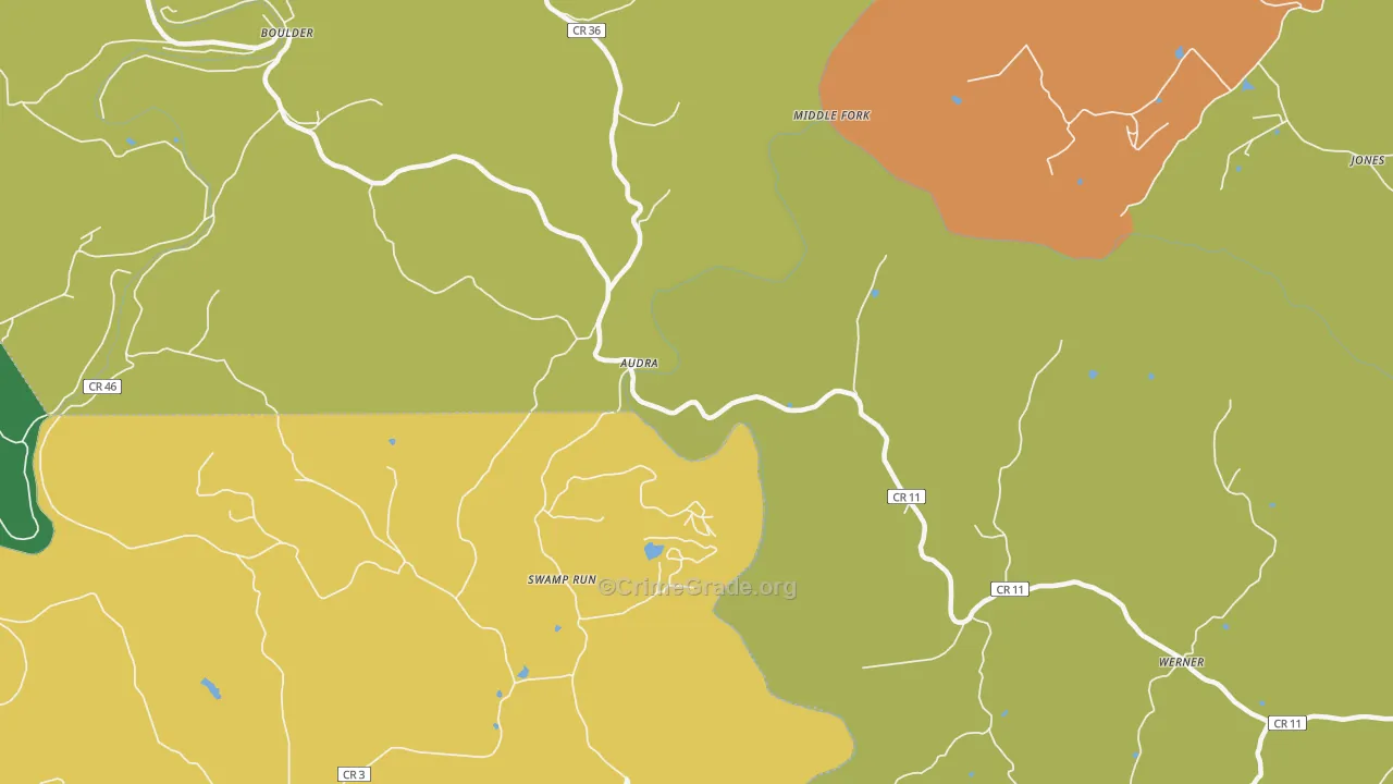 Audra, WV Map of Robbery Rates