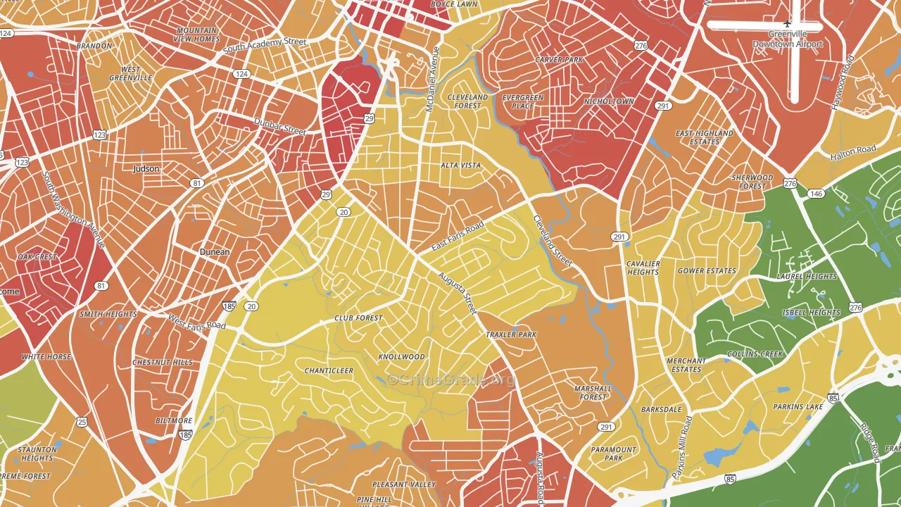 Augusta Street Area, Greenville, SC Map of Robbery Rates