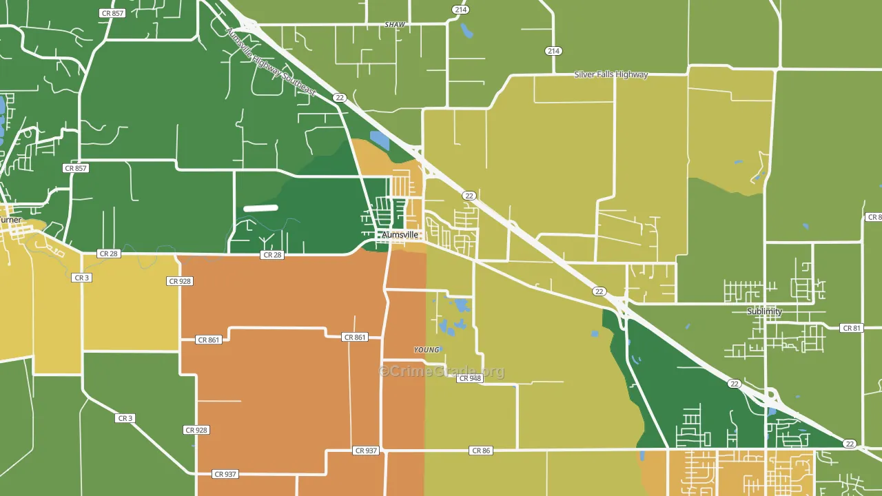 Aumsville, OR Map of Robbery Rates