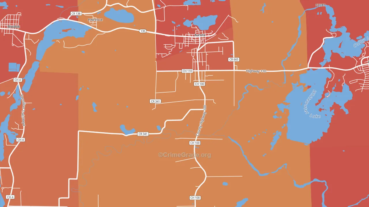 Aurora, MN Map of Robbery Rates