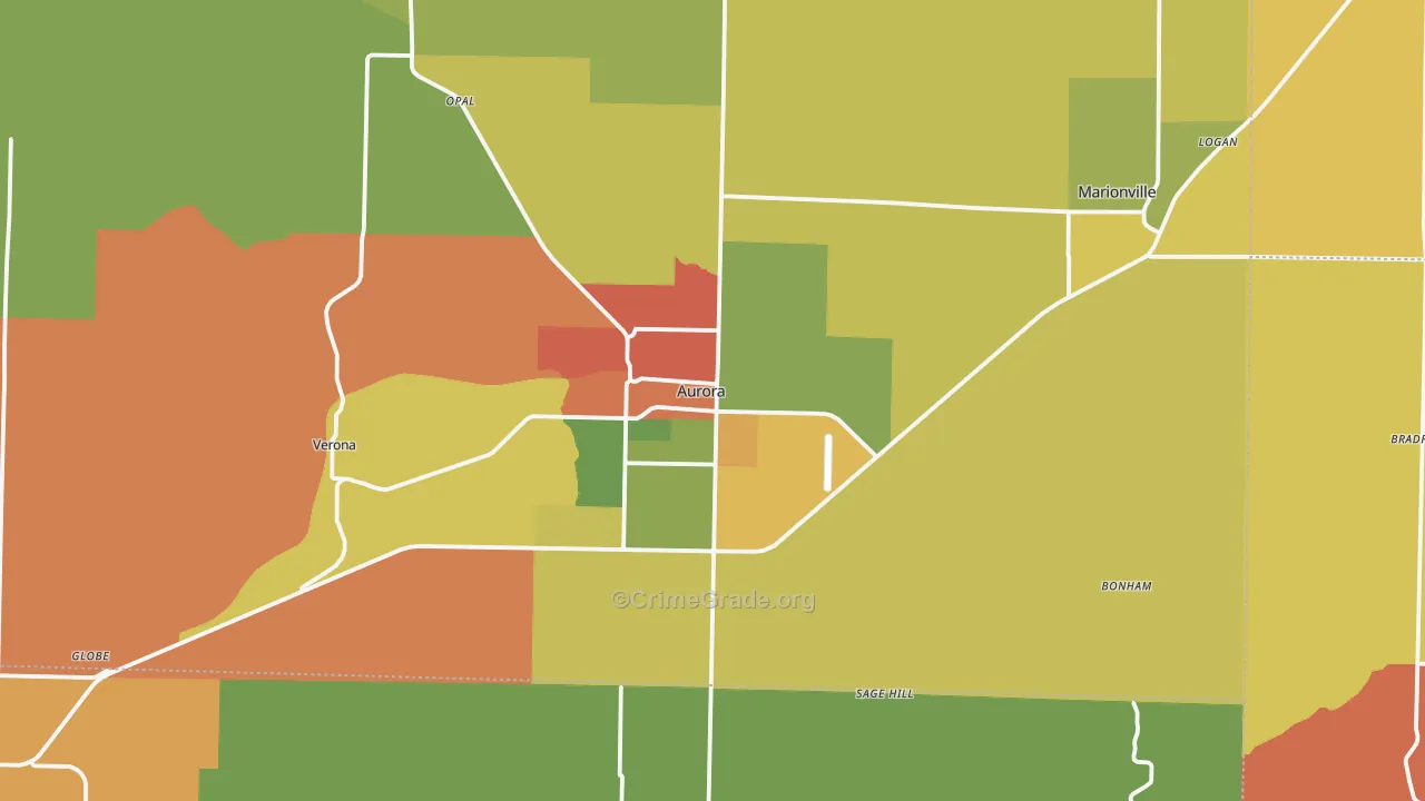 Aurora, MO Map of Robbery Rates