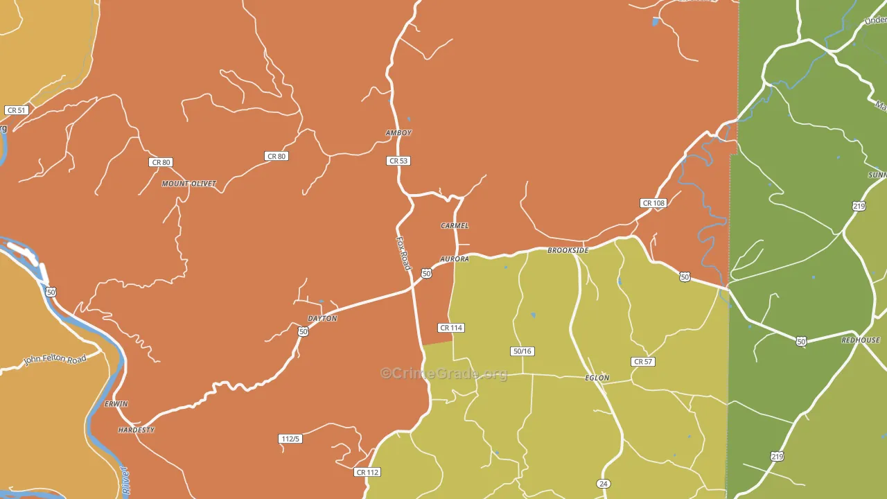 Aurora, WV Map of Robbery Rates