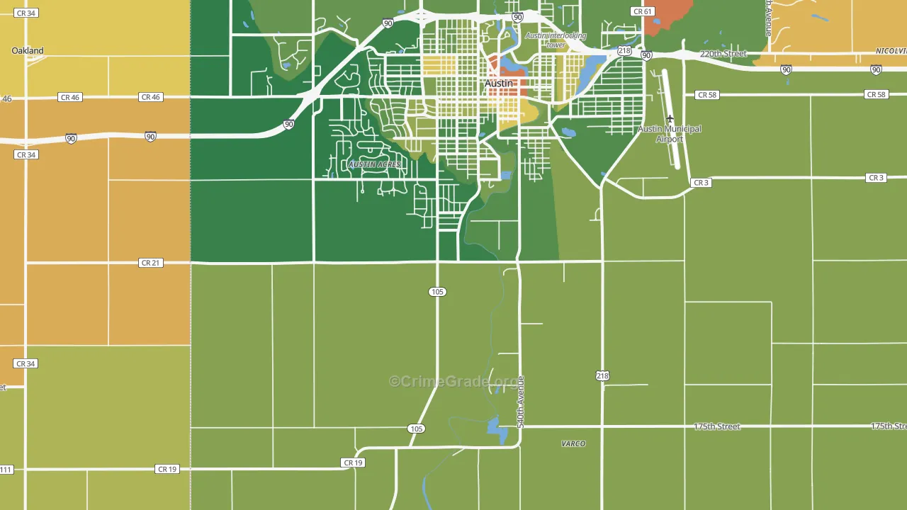 Austin Acres, MN Map of Robbery Rates