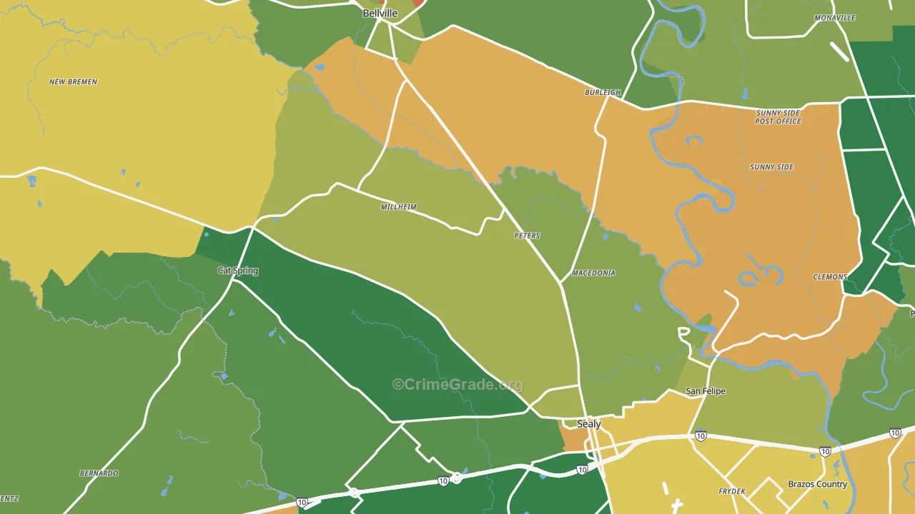 Austin County, TX Map of Robbery Rates