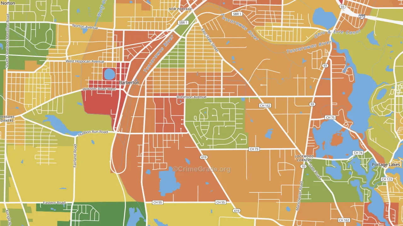 Austin Estates, Barberton, OH Map of Robbery Rates