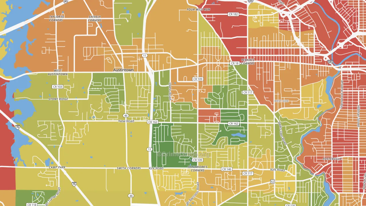 Austintown, OH Map of Robbery Rates