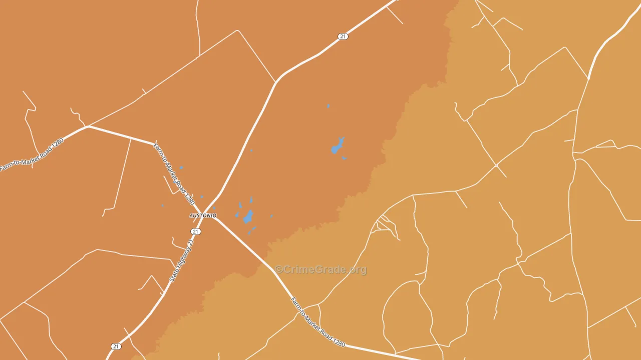 Austonio, TX Map of Robbery Rates